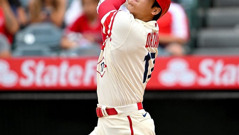 Aug 4, 2022; Anaheim, California, USA; Los Angeles Angels designated hitter Shohei Ohtani (17) strands a runner on base as he pops out for the final out the ninth inning against the Oakland Athletics at Angel Stadium. Mandatory Credit: Jayne Kamin-Oncea-USA TODAY Sports