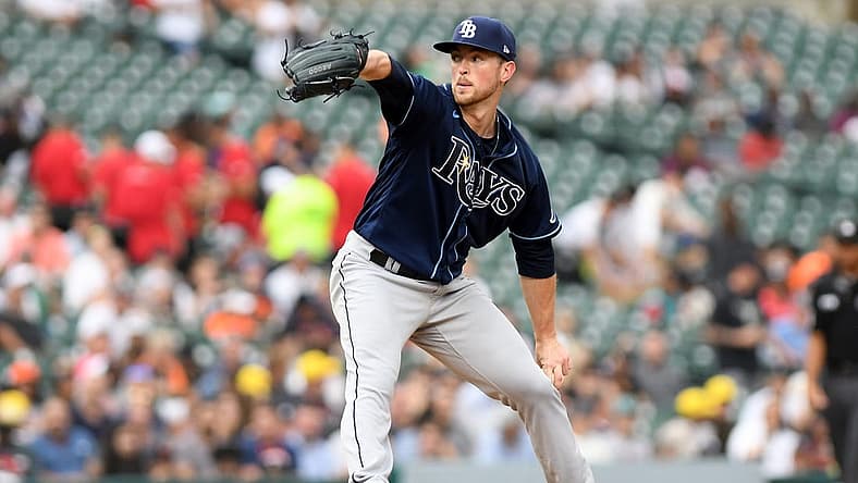 Aug 4, 2022; Detroit, Michigan, USA; Tampa Bay Rays starting pitcher Jeffrey Springs (59) throws a pitch against the Detroit Tigers in the second inning at Comerica Park. Mandatory Credit: Lon Horwedel-USA TODAY Sports