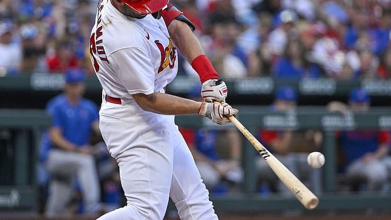 Aug 4, 2022; St. Louis, Missouri, USA; St. Louis Cardinals designated hitter Paul Goldschmidt (46) hits a single against the Chicago Cubs during the first inning at Busch Stadium. Mandatory Credit: Jeff Curry-USA TODAY Sports