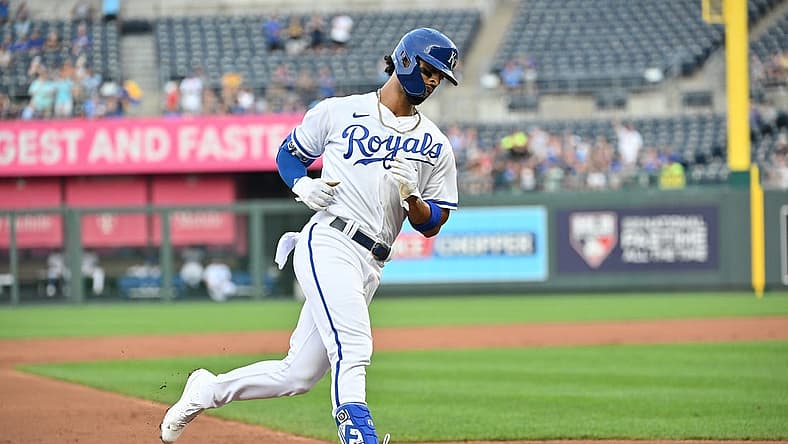 Aug 4, 2022; Kansas City, Missouri, USA; Kansas City Royals left fielder MJ Melendez (1) rounds third base after hitting a solo home run during the first inning against the Boston Red Sox at Kauffman Stadium. Mandatory Credit: Peter Aiken-USA TODAY Sports
