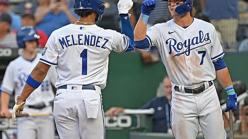 Aug 4, 2022; Kansas City, Missouri, USA; Kansas City Royals left fielder MJ Melendez (1) celebrates with third baseman Bobby Witt Jr. (7) after hitting a solo home run during the first inning against the Boston Red Sox at Kauffman Stadium. Mandatory Credit: Peter Aiken-USA TODAY Sports