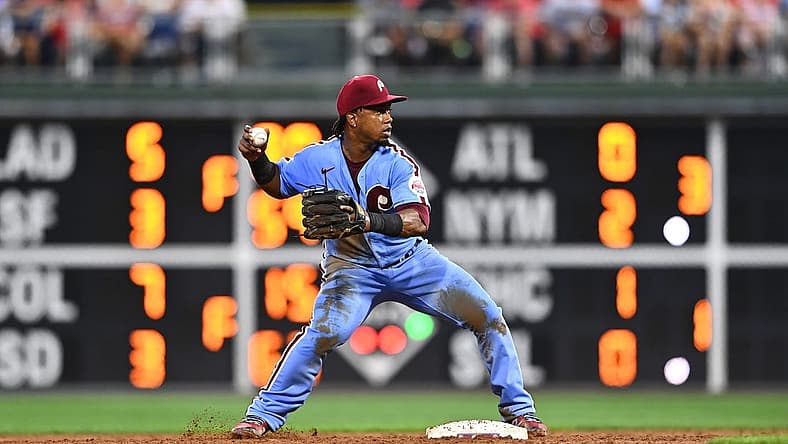 Aug 4, 2022; Philadelphia, Pennsylvania, USA; Philadelphia Phillies second baseman Jean Segura (2) forces an out at second against the Washington Nationals in the third inning at Citizens Bank Park. Mandatory Credit: Kyle Ross-USA TODAY Sports