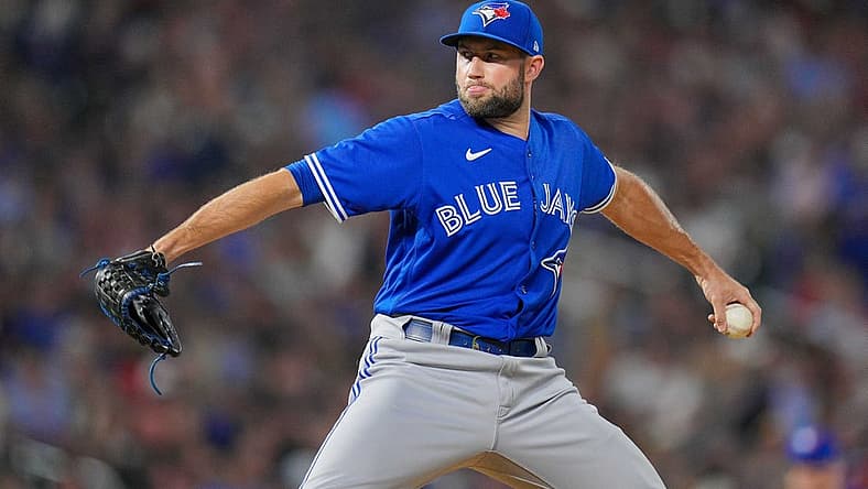 Aug 4, 2022; Minneapolis, Minnesota, USA; Toronto Blue Jays relief pitcher Tim Mayza (58) pitches against the Minnesota Twins in the seventh inning at Target Field. Mandatory Credit: Brad Rempel-USA TODAY Sports