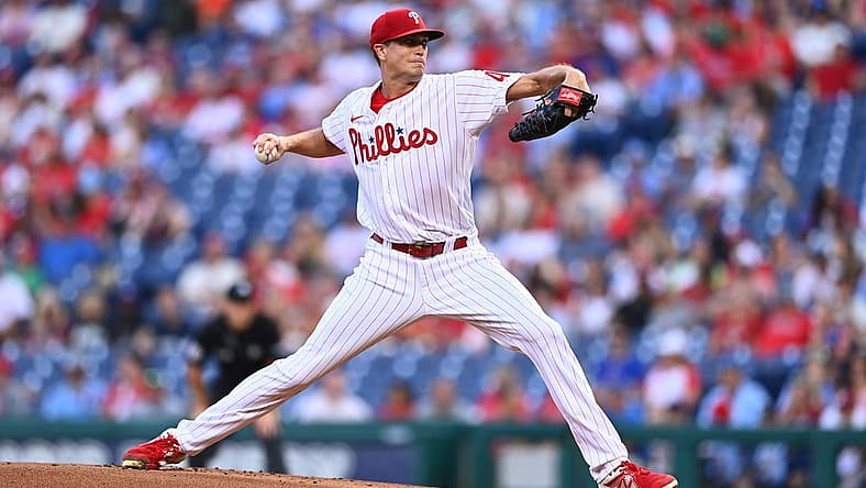 Aug 5, 2022; Philadelphia, Pennsylvania, USA; Philadelphia Phillies pitcher Kyle Gibson (44) throws a pitch against the Washington Nationals in the first inning at Citizens Bank Park. Mandatory Credit: Kyle Ross-USA TODAY Sports