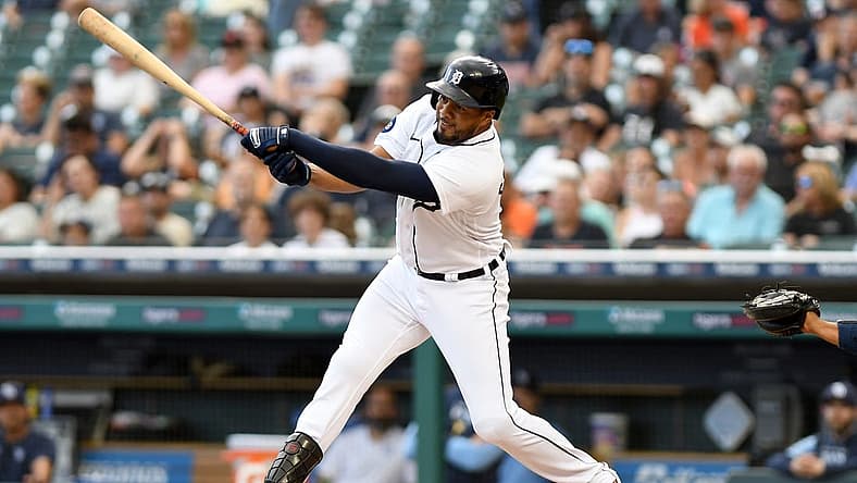 Aug 5, 2022; Detroit, Michigan, USA; Detroit Tigers third baseman Jeimer Candelario (46) hits an RBI single against the Tampa Bay Rays in the first inning at Comerica Park. Mandatory Credit: Lon Horwedel-USA TODAY Sports