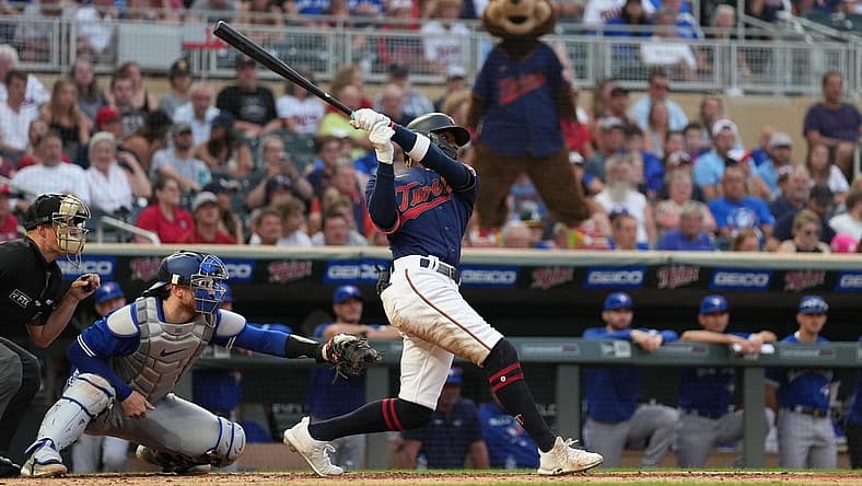 Aug 5, 2022; Minneapolis, Minnesota, USA; Minnesota Twins left fielder Nick Gordon (1) hits a three-run home run during the fourth inning against the Toronto Blue Jays at Target Field. Mandatory Credit: Jordan Johnson-USA TODAY Sports