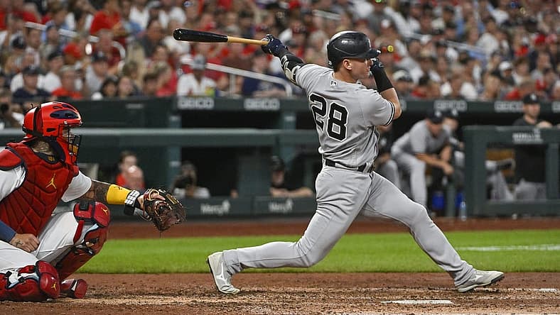 Aug 5, 2022; St. Louis, Missouri, USA;  New York Yankees third baseman Josh Donaldson (28) hits a one run single against the St. Louis Cardinals during the third inning at Busch Stadium. Mandatory Credit: Jeff Curry-USA TODAY Sports