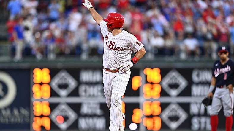 Aug 5, 2022; Philadelphia, Pennsylvania, USA; Philadelphia Phillies catcher JT Realmuto (10) reacts as he rounds the bases after hitting a two-run home run against the Washington Nationals in the third inning at Citizens Bank Park. Mandatory Credit: Kyle Ross-USA TODAY Sports