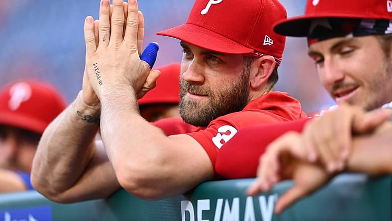 Aug 5, 2022; Philadelphia, Pennsylvania, USA; Philadelphia Phillies outfielder Bryce Harper (3) looks on before the game against the Washington Nationals at Citizens Bank Park. Mandatory Credit: Kyle Ross-USA TODAY Sports