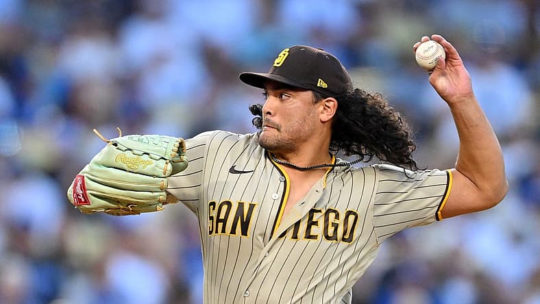 Aug 5, 2022; Los Angeles, California, USA; San Diego Padres starting pitcher Sean Manaea (55) throws to the plate in the first inning against the Los Angeles Dodgers at Dodger Stadium. Mandatory Credit: Jayne Kamin-Oncea-USA TODAY Sports