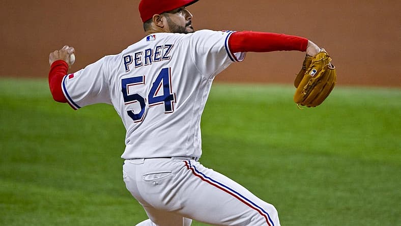 Aug 3, 2022; Arlington, Texas, USA; Texas Rangers starting pitcher Martin Perez (54) in action during the game between the Texas Rangers and the Baltimore Orioles at Globe Life Field. Mandatory Credit: Jerome Miron-USA TODAY Sports