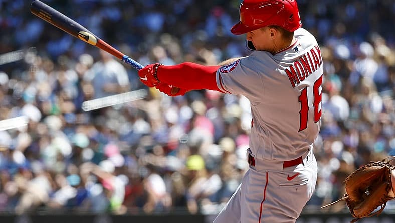Aug 6, 2022; Seattle, Washington, USA; Los Angeles Angels center fielder Mickey Moniak (16) hits an RBI-single against the Seattle Mariners during the second inning at T-Mobile Park. Mandatory Credit: Joe Nicholson-USA TODAY Sports