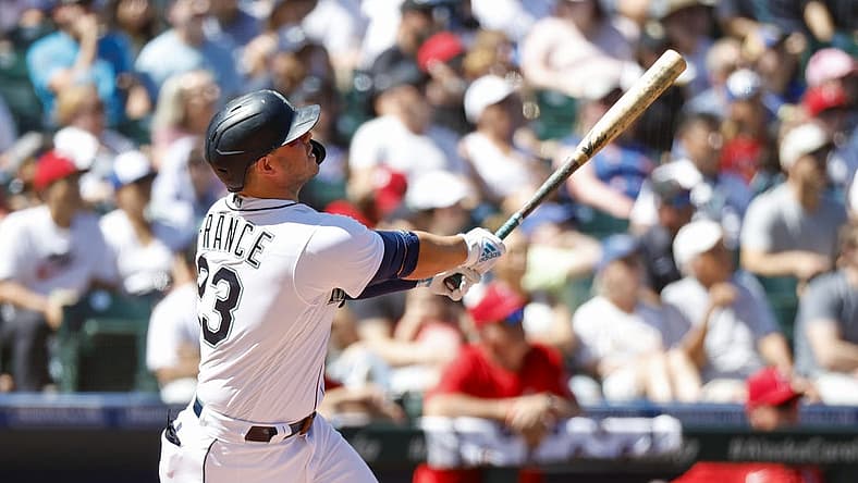 Aug 6, 2022; Seattle, Washington, USA; Seattle Mariners first baseman Ty France (23) hits a two-run home run against the Los Angeles Angels during the third inning at T-Mobile Park. Mandatory Credit: Joe Nicholson-USA TODAY Sports