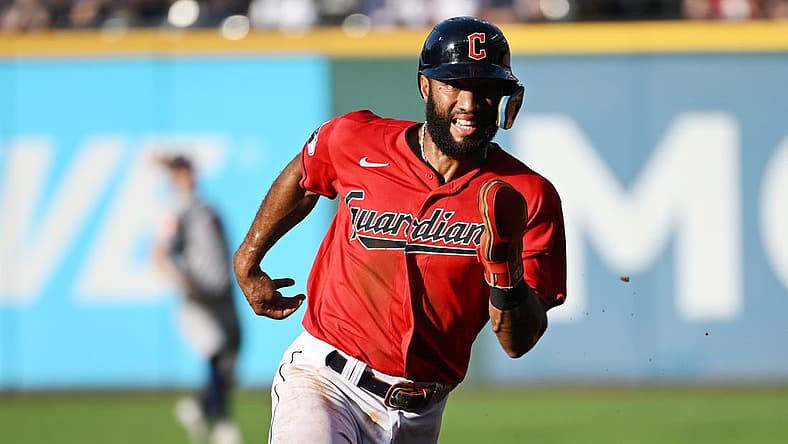 Aug 6, 2022; Cleveland, Ohio, USA; Cleveland Guardians shortstop Amed Rosario (1) advances to third on a single by Cleveland Guardians third baseman Jose Ramirez (not pictured) during the second inning against the Houston Astros at Progressive Field. Mandatory Credit: Ken Blaze-USA TODAY Sports