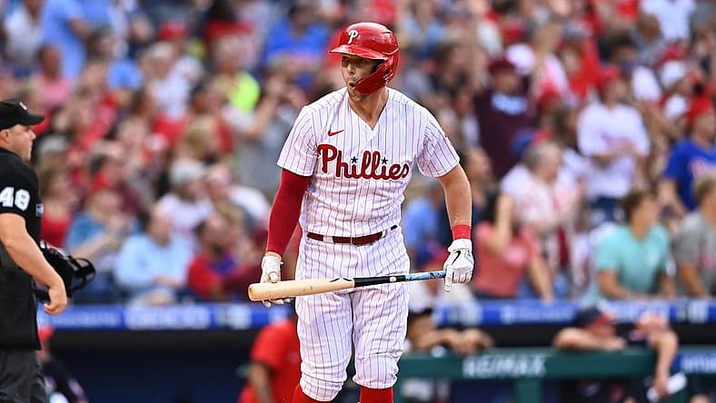 Aug 6, 2022; Philadelphia, Pennsylvania, USA; Philadelphia Phillies first baseman Rhys Hoskins (17) reacts after hitting a home run against the Washington Nationals in the first inning at Citizens Bank Park. Mandatory Credit: Kyle Ross-USA TODAY Sports