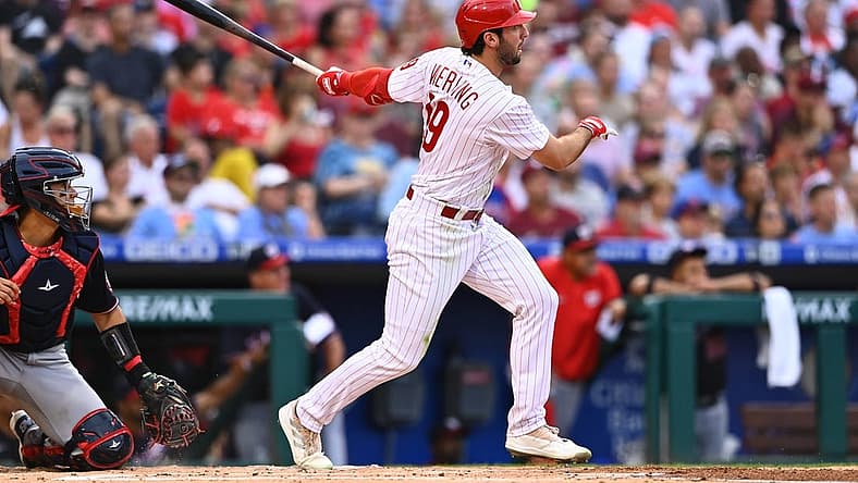 Aug 6, 2022; Philadelphia, Pennsylvania, USA; Philadelphia Phillies outfielder Matt Vierling (19) hits a three run home run against the Washington Nationals in the first inning at Citizens Bank Park. Mandatory Credit: Kyle Ross-USA TODAY Sports