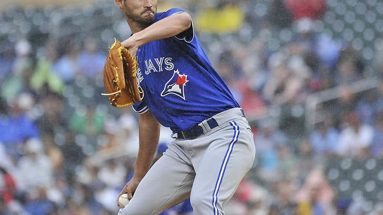 Aug 6, 2022; Minneapolis, Minnesota, USA; Toronto Blue Jays starting pitcher Mitch White (45) throws a pitch against the Minnesota Twins during the first inning at Target Field. Mandatory Credit: Jeffrey Becker-USA TODAY Sports