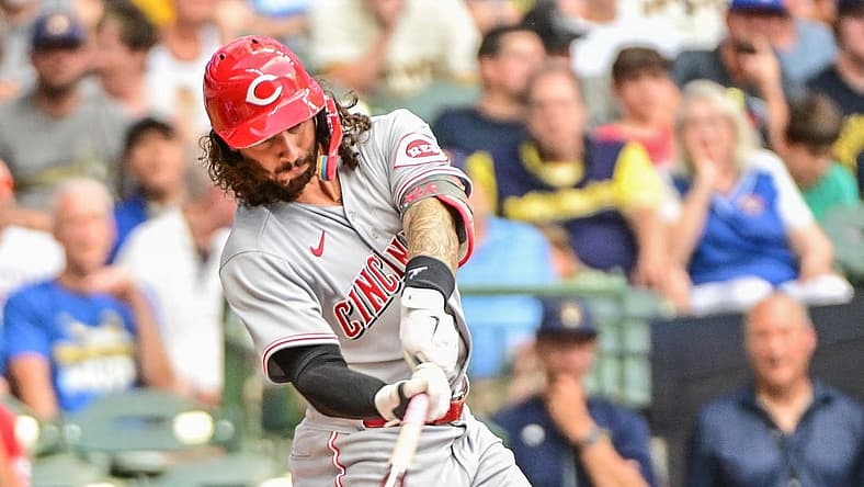 Aug 6, 2022; Milwaukee, Wisconsin, USA; Cincinnati Reds second baseman Jonathan India (6) hits an RBI double in the second inning against the Milwaukee Brewers at American Family Field. Mandatory Credit: Benny Sieu-USA TODAY Sports