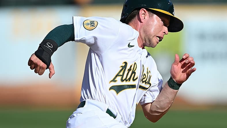 Aug 6, 2022; Oakland, California, USA; Oakland Athletics second baseman Nick Allen (2) rounds third base on an RBI double hit by catcher Sean Murphy (not pictured) against the San Francisco Giants during the third inning at RingCentral Coliseum. Mandatory Credit: Robert Edwards-USA TODAY Sports
