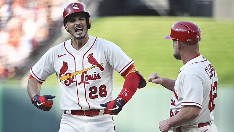 Aug 6, 2022; St. Louis, Missouri, USA; St. Louis Cardinals third baseman Nolan Arenado (28) reacts after hitting a one run single against the New York Yankees during the first inning at Busch Stadium. Mandatory Credit: Jeff Curry-USA TODAY Sports