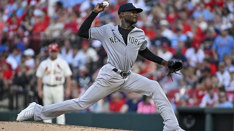 Aug 6, 2022; St. Louis, Missouri, USA; New York Yankees starting pitcher Domingo German (55) pitches against the St. Louis Cardinals during the third inning at Busch Stadium. Mandatory Credit: Jeff Curry-USA TODAY Sports