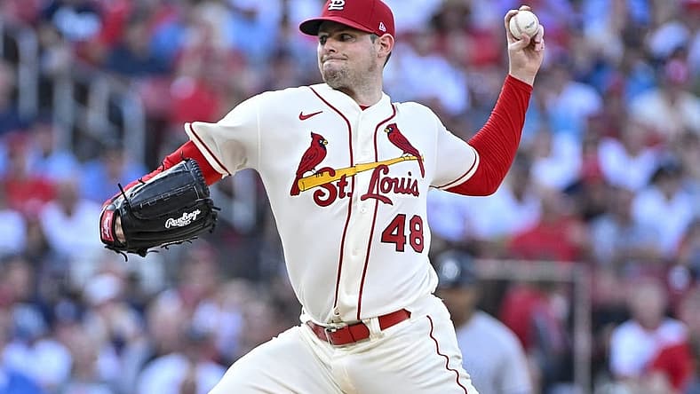Aug 6, 2022; St. Louis, Missouri, USA; St. Louis Cardinals starting pitcher Jordan Montgomery (48) pitches against the New York Yankees during the first inning at Busch Stadium. Mandatory Credit: Jeff Curry-USA TODAY Sports