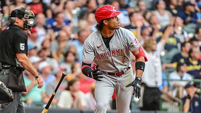 Aug 6, 2022; Milwaukee, Wisconsin, USA; Cincinnati Reds shortstop Jose Barrero (2) watches after hitting a two-run home run in the fourth inning against the Milwaukee Brewers at American Family Field. Mandatory Credit: Benny Sieu-USA TODAY Sports