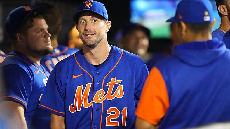 Aug 6, 2022; New York City, New York, USA; New York Mets pitcher Max Scherzer (21) in the dugout during the seventh inning against the Atlanta Braves at Citi Field. Mandatory Credit: Gregory Fisher-USA TODAY Sports