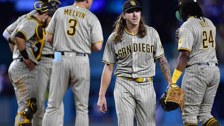 Aug 6, 2022; Los Angeles, California, USA; San Diego Padres starting pitcher Mike Clevinger (52) is relieved against the San Diego Padres during the fifth inning at Dodger Stadium. Mandatory Credit: Gary A. Vasquez-USA TODAY Sports