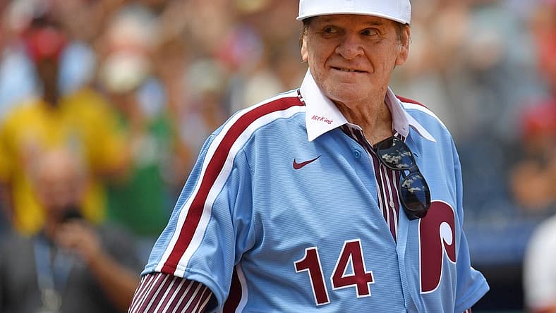 Aug 7, 2022; Philadelphia, Pennsylvania, USA; Former Philadelphia Phillies great Pete Rose acknowledges the crowd during Alumni Day ceremony before game against the Washington Nationals at Citizens Bank Park. Mandatory Credit: Eric Hartline-USA TODAY Sports