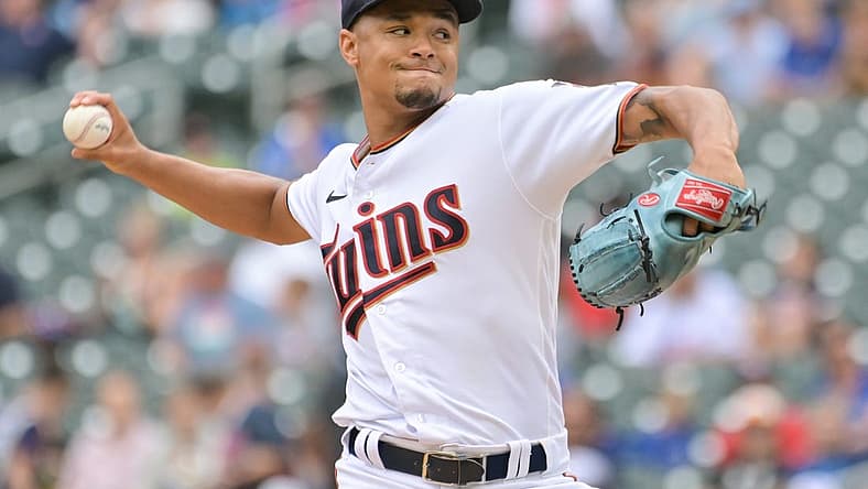 Aug 7, 2022; Minneapolis, Minnesota, USA; Minnesota Twins starting pitcher Chris Archer (17) throws a pitch against the Toronto Blue Jays during the first inning at Target Field. Mandatory Credit: Jeffrey Becker-USA TODAY Sports