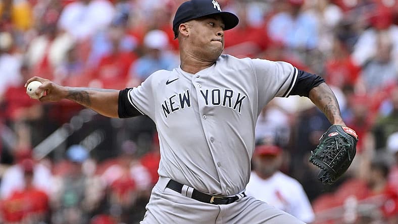 Aug 7, 2022; St. Louis, Missouri, USA;  New York Yankees starting pitcher Frankie Montas (47) pitches against the St. Louis Cardinals during the first inning at Busch Stadium. Mandatory Credit: Jeff Curry-USA TODAY Sports