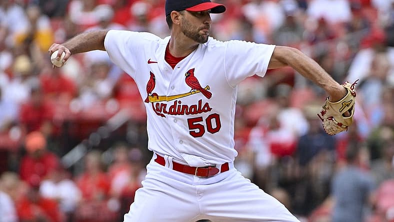 Aug 7, 2022; St. Louis, Missouri, USA; St. Louis Cardinals starting pitcher Adam Wainwright (50) pitches against the New York Yankees during the first inning at Busch Stadium. Mandatory Credit: Jeff Curry-USA TODAY Sports