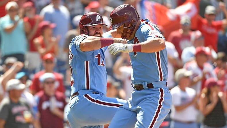 Aug 7, 2022; Philadelphia, Pennsylvania, USA; Philadelphia Phillies first baseman Rhys Hoskins (17) celebrates his home run with left fielder Kyle Schwarber (12) against the Washington Nationals during the fourth inning at Citizens Bank Park. Mandatory Credit: Eric Hartline-USA TODAY Sports