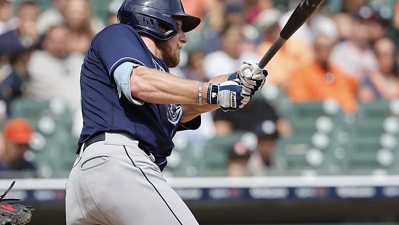 Aug 7, 2022; Detroit, Michigan, USA; Tampa Bay Rays left fielder Luke Raley (55) hits a single in the seventh inning against the Detroit Tigers at Comerica Park. Mandatory Credit: Rick Osentoski-USA TODAY Sports