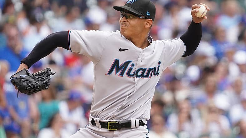 Aug 7, 2022; Chicago, Illinois, USA; Miami Marlins starting pitcher Jesus Luzardo (44) throws the ball against the Chicago Cubs during the second inning at Wrigley Field. Mandatory Credit: David Banks-USA TODAY Sports
