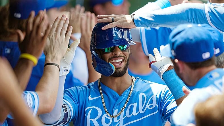 Aug 7, 2022; Kansas City, Missouri, USA; Kansas City Royals catcher MJ Melendez (1) is congratulated by teammates after hitting a home run during the fifth inning against the Boston Red Sox at Kauffman Stadium. Mandatory Credit: Jay Biggerstaff-USA TODAY Sports