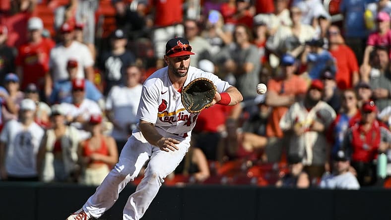 Aug 7, 2022; St. Louis, Missouri, USA; St. Louis Cardinals starting pitcher Jordan Montgomery (48) fields a ground ball against the New York Yankees during the ninth inning at Busch Stadium. Mandatory Credit: Jeff Curry-USA TODAY Sports