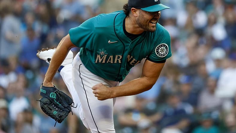 Aug 5, 2022; Seattle, Washington, USA; Seattle Mariners starting pitcher Robbie Ray (38) throws against the Los Angeles Angels during the first inning at T-Mobile Park. Mandatory Credit: Joe Nicholson-USA TODAY Sports