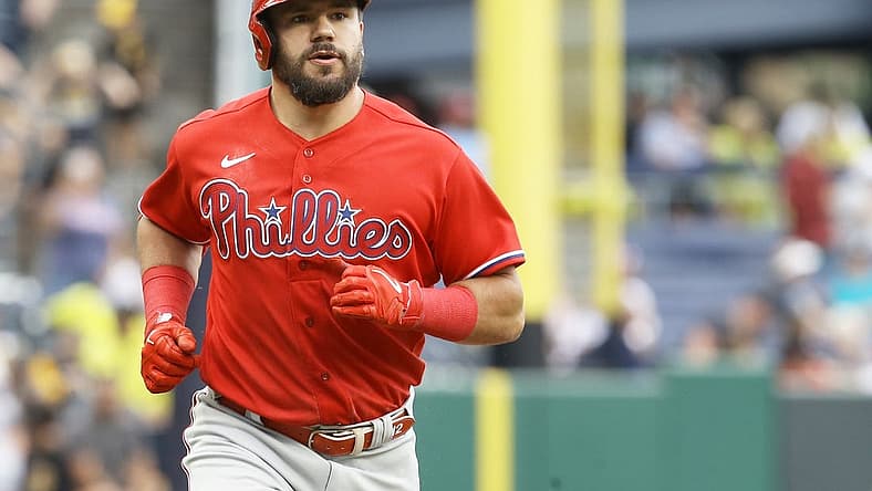 Jul 31, 2022; Pittsburgh, Pennsylvania, USA; Philadelphia Phillies left fielder Kyle Schwarber (12) circles the bases on a solo home run against the Pittsburgh Pirates fifth inning at PNC Park. Mandatory Credit: Charles LeClaire-USA TODAY Sports