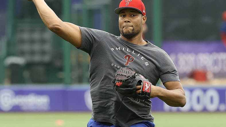 Jul 31, 2022; Pittsburgh, Pennsylvania, USA;  Philadelphia Phillies relief pitcher Jeurys Familia (31) throws in the outfield before the game against the Pittsburgh Pirates at PNC Park. Mandatory Credit: Charles LeClaire-USA TODAY Sports