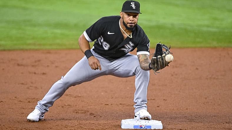 Aug 7, 2022; Arlington, Texas, USA; Chicago White Sox shortstop Leury Garcia (28) in action during the game between the Texas Rangers and the Chicago White Sox at Globe Life Field. Mandatory Credit: Jerome Miron-USA TODAY Sports