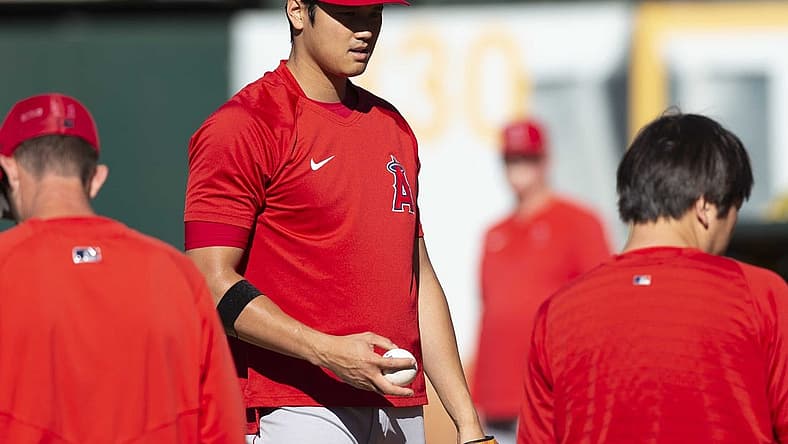 Aug 8, 2022; Oakland, California, USA; Los Angeles Angels pitcher Shohei Ohtani before a game against the Oakland Athletics at RingCentral Coliseum. Mandatory Credit: D. Ross Cameron-USA TODAY Sports