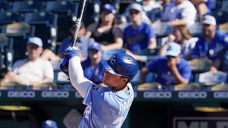 Aug 9, 2022; Kansas City, Missouri, USA; Kansas City Royals first baseman Nick Pratto (32) hits a two-run home run against the Chicago White Sox in the sixth inning at Kauffman Stadium. Mandatory Credit: Denny Medley-USA TODAY Sports