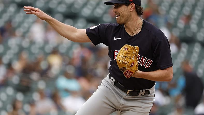 Aug 9, 2022; Detroit, Michigan, USA;  Cleveland Guardians starting pitcher Shane Bieber (57) pitches in the first inning against the Detroit Tigers at Comerica Park. Mandatory Credit: Rick Osentoski-USA TODAY Sports