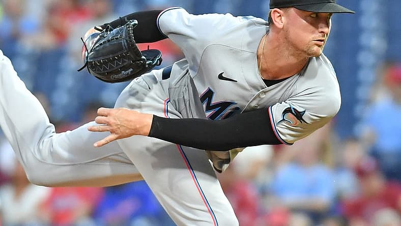 Aug 9, 2022; Philadelphia, Pennsylvania, USA; Miami Marlins starting pitcher Braxton Garrett (60)
throws a pitch against the Philadelphia Phillies during the first inning at Citizens Bank Park. Mandatory Credit: Eric Hartline-USA TODAY Sports