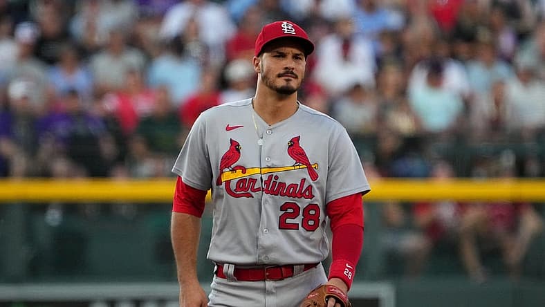 Aug 9, 2022; Denver, Colorado, USA; St. Louis Cardinals third baseman Nolan Arenado (28) during the first inning against the Colorado Rockies at Coors Field. Mandatory Credit: Ron Chenoy-USA TODAY Sports