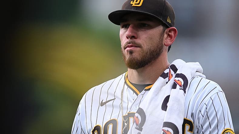 Aug 9, 2022; San Diego, California, USA; San Diego Padres starting pitcher Joe Musgrove (44) looks on before the game against the San Francisco Giants at Petco Park. Mandatory Credit: Orlando Ramirez-USA TODAY Sports