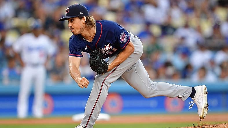 Aug 9, 2022; Los Angeles, California, USA; Minnesota Twins starting pitcher Joe Ryan (41) throws against the Los Angeles Dodgers during the first inning at Dodger Stadium. Mandatory Credit: Gary A. Vasquez-USA TODAY Sports