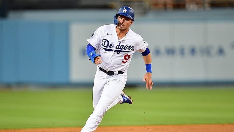 Aug 9, 2022; Los Angeles, California, USA; Los Angeles Dodgers second baseman Gavin Lux (9) runs to third against the Minnesota Twins during the second inning at Dodger Stadium. Mandatory Credit: Gary A. Vasquez-USA TODAY Sports